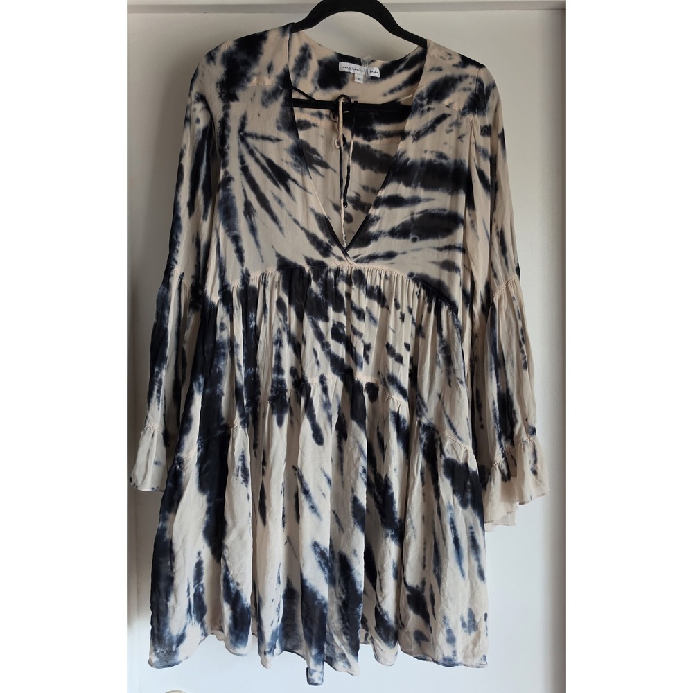 Young Fabulous & Broke Mini Dress S Black Beige Tie-Dye V-Neck Long Sleeve